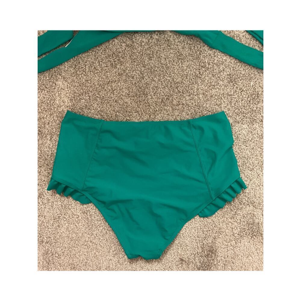 Shekini Women's Cross Wrap Ruffle Hight Waisted Green Bikini, L - Picture 5 of 6